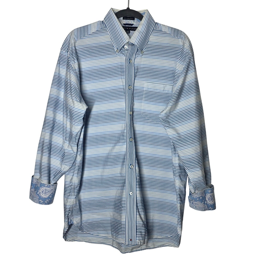 Tommy Hilfiger Men Large Blue White Striped Paisley Cuff Button Down Shirt L VTG